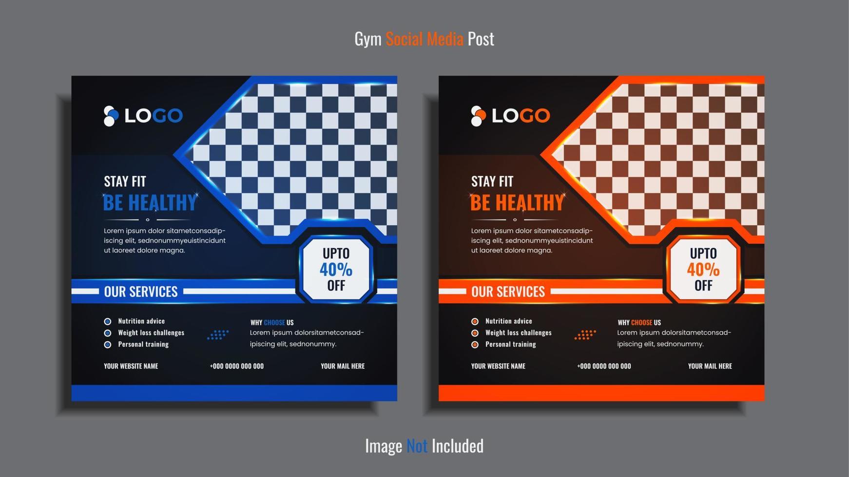 moderne gym en fitness social media post design pack met dynamische oranje en blauwe kleuren creatieve vormen met verlichting. vector