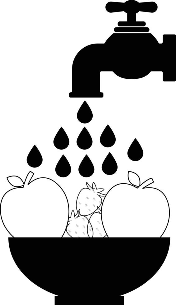 schoon voedsel pictogram op witte achtergrond. wassen groenten fruit. fruit teken wassen. vlakke stijl. water giet op een schaal met fruit. vector