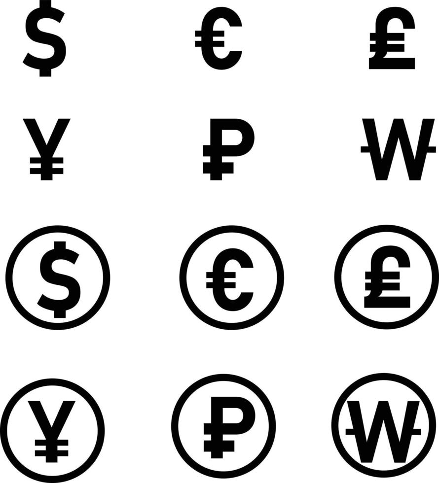 valutapictogram instellen op witte achtergrond. dollar, euro, pond, yuan, roebel, gewonnen logo teken. geld valuta teken. vlakke stijl. vector