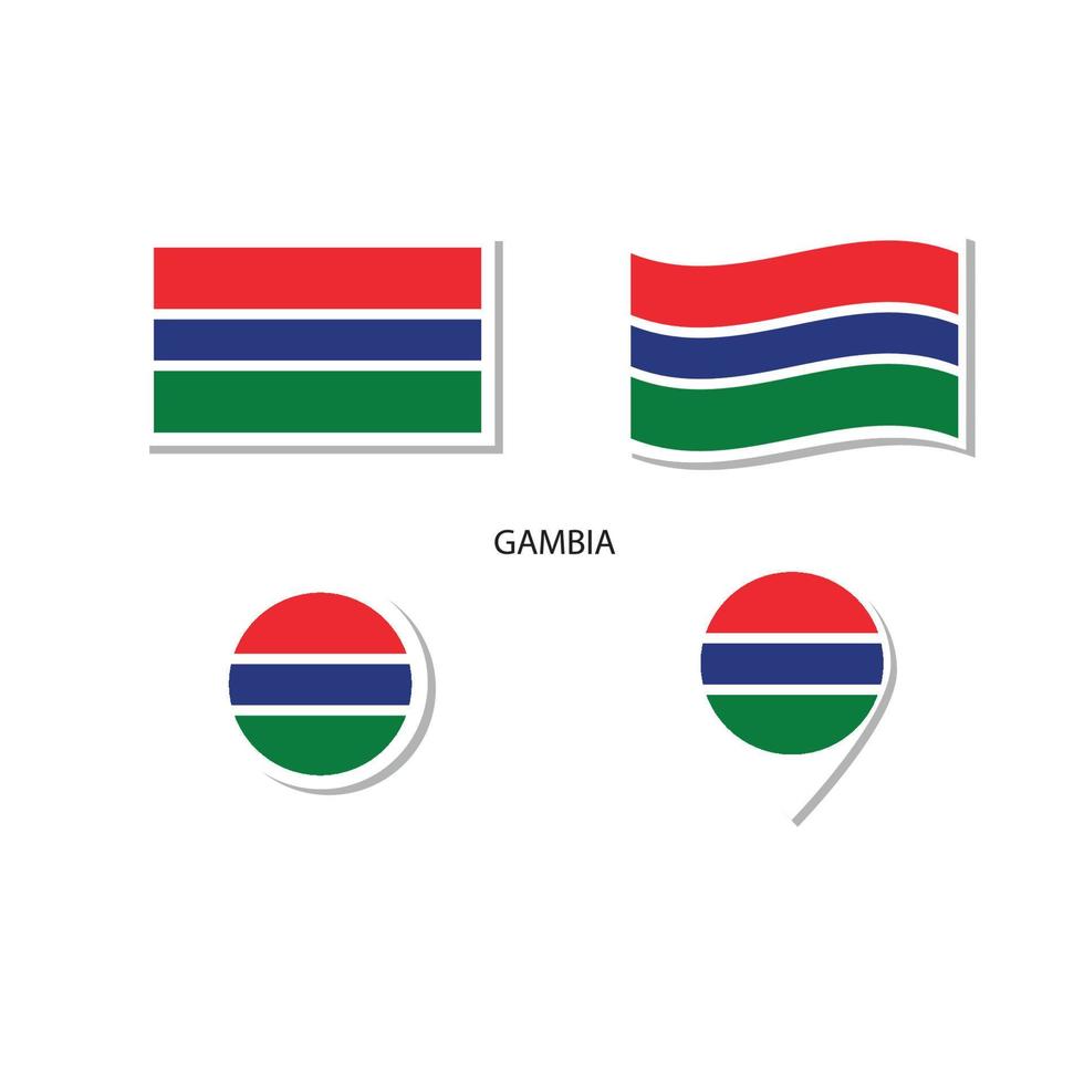 Gambia vlag logo icon set, rechthoek plat pictogrammen, ronde vorm, marker met vlaggen. vector