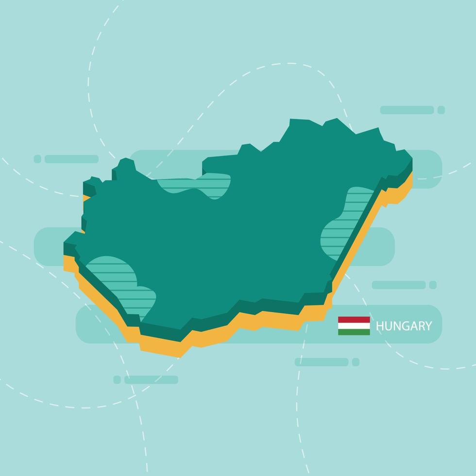 3d vectorkaart van hongarije met naam en vlag van land op lichtgroene achtergrond en streepje. vector