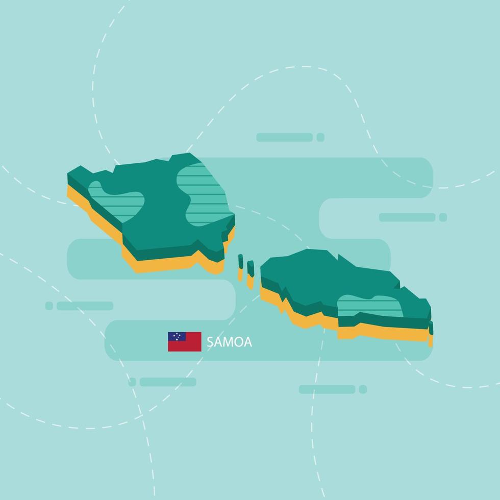 3D-vectorkaart van samoa met naam en vlag van land op lichtgroene achtergrond en streepje. vector