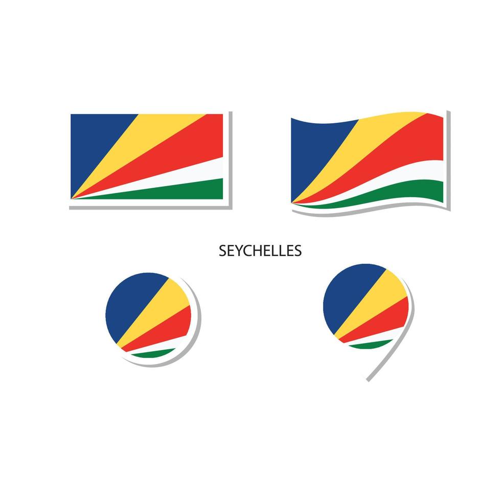 Seychellen vlag logo icon set, rechthoek plat pictogrammen, cirkelvorm, marker met vlaggen. vector
