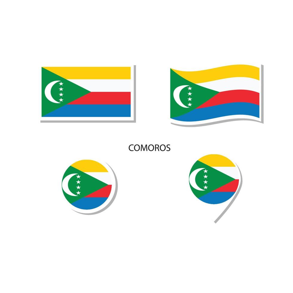 Comoren vlag logo icon set, rechthoek plat pictogrammen, cirkelvorm, marker met vlaggen. vector