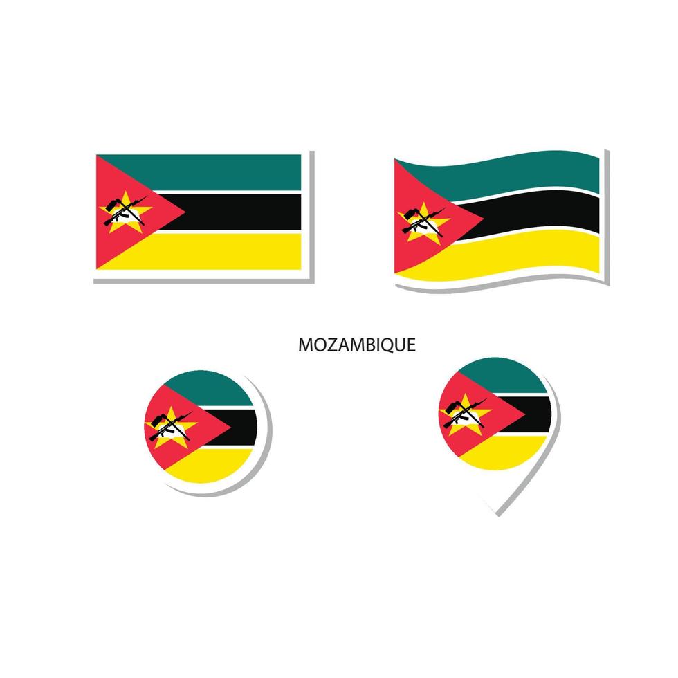 Mozambique vlag logo icon set, rechthoek plat pictogrammen, ronde vorm, marker met vlaggen. vector