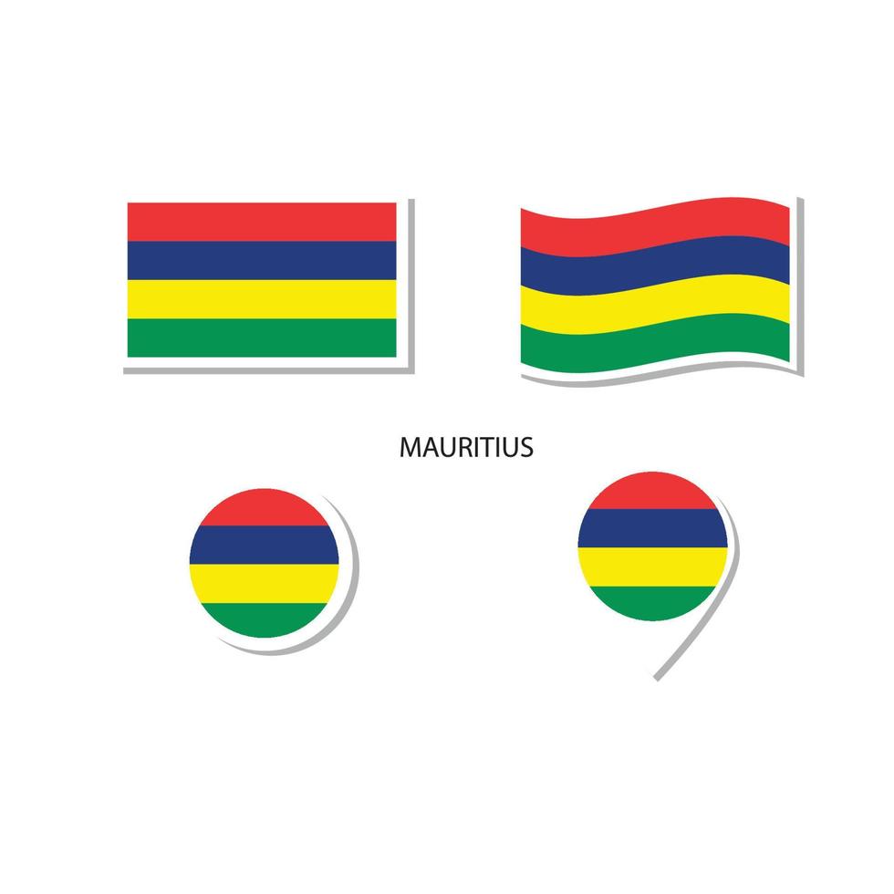 Mauritius vlag logo icon set, rechthoek plat pictogrammen, cirkelvorm, marker met vlaggen. vector