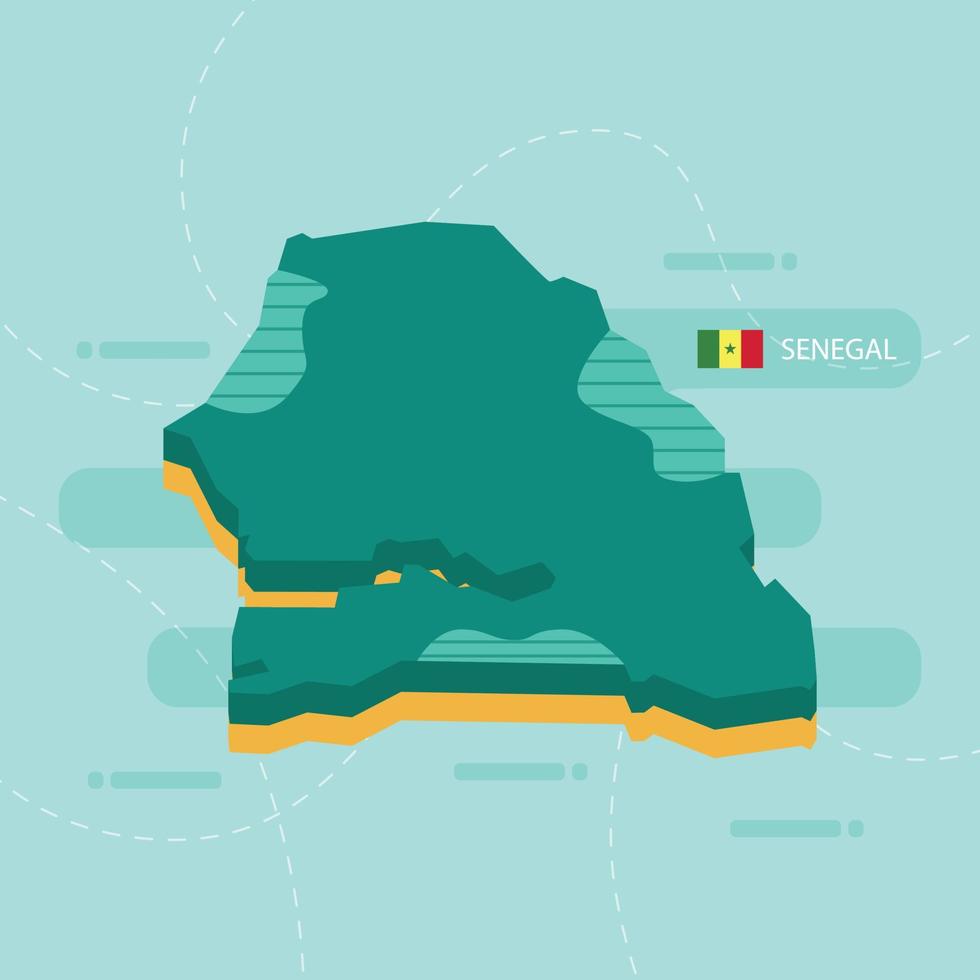 3D-vectorkaart van senegal met naam en vlag van land op lichtgroene achtergrond en streepje. vector