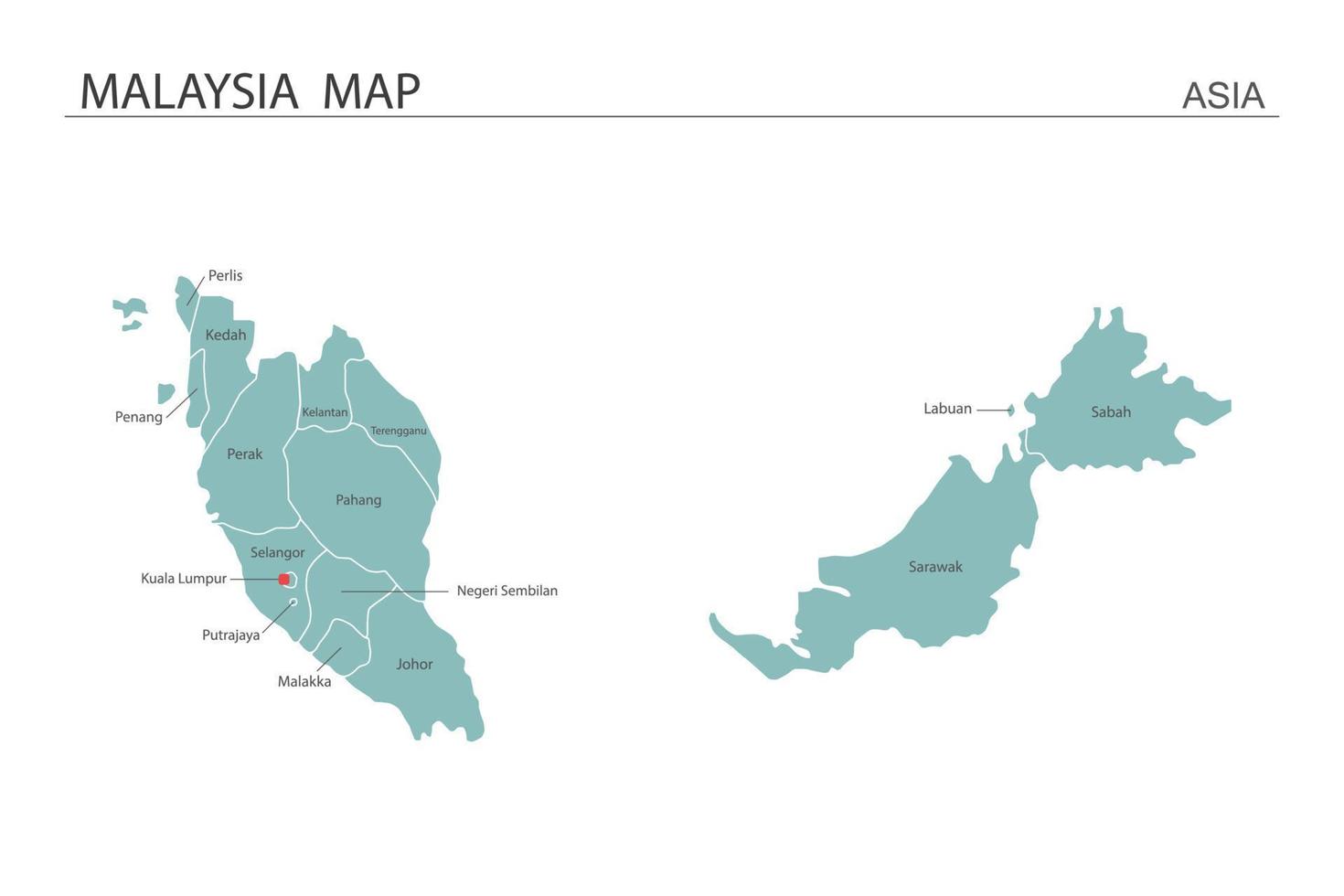 Maleisië kaart vectorillustratie op witte achtergrond. kaart hebben alle provincies en markeer de hoofdstad van Maleisië. vector