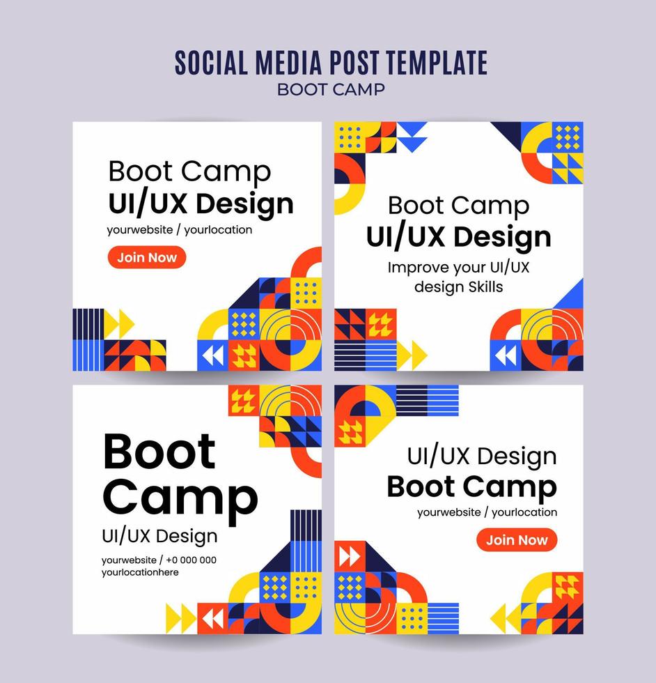 moderne geometrie - bootcamp-webbanner voor sociale media vierkante poster, banner, ruimtegebied en achtergrond vector