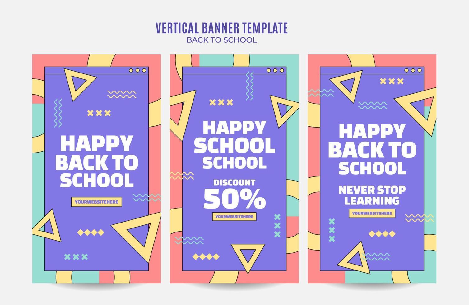 terug naar school webbanner voor sociale media verticale poster, banner, ruimtegebied en achtergrond vector