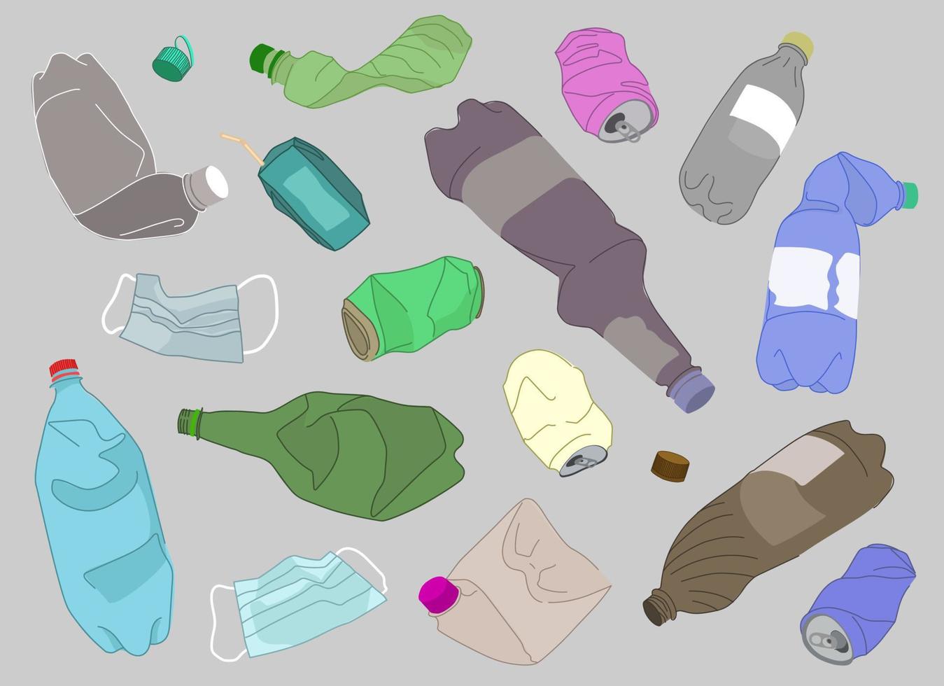 set met plastic afval, verfrommelde plastic flessen en gebruikte maskers. het concept van het redden van de planeet en het verzamelen van plastic afval voor recycling. vector