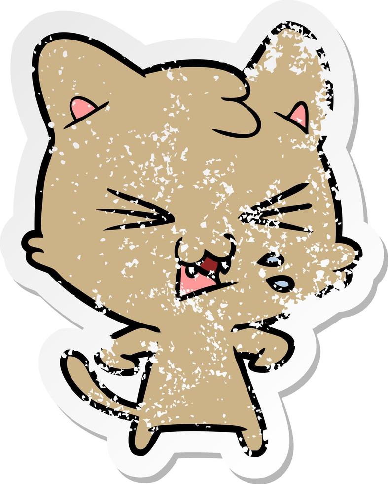 verontruste sticker van een cartoon sissende kat vector