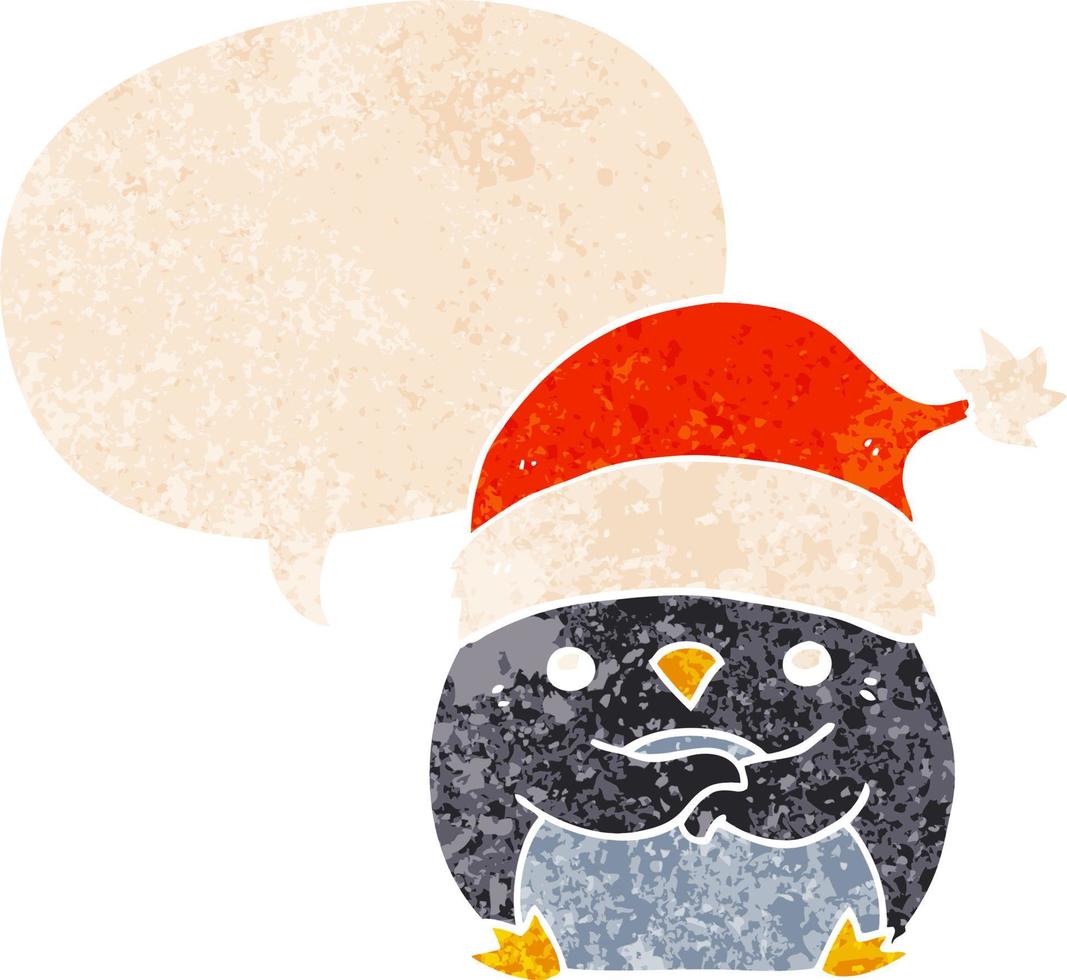 schattige cartoon pinguïn met kerstmuts en tekstballon in retro getextureerde stijl vector