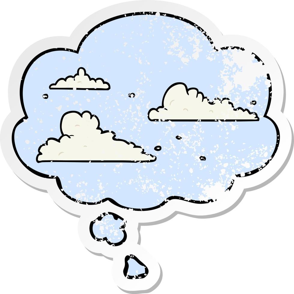 cartoonwolken en gedachtebel als een versleten versleten sticker vector