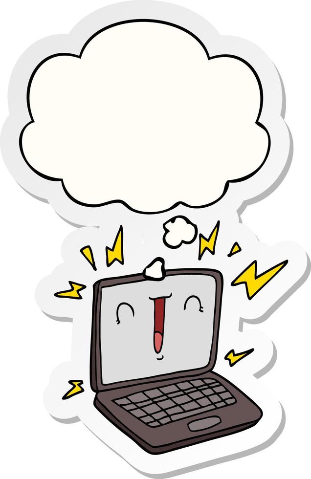 cartoon laptopcomputer en gedachte bel als een gedrukte sticker vector