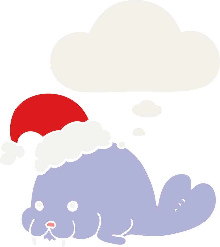 cartoon kerst walrus en gedachte bel in retro stijl vector