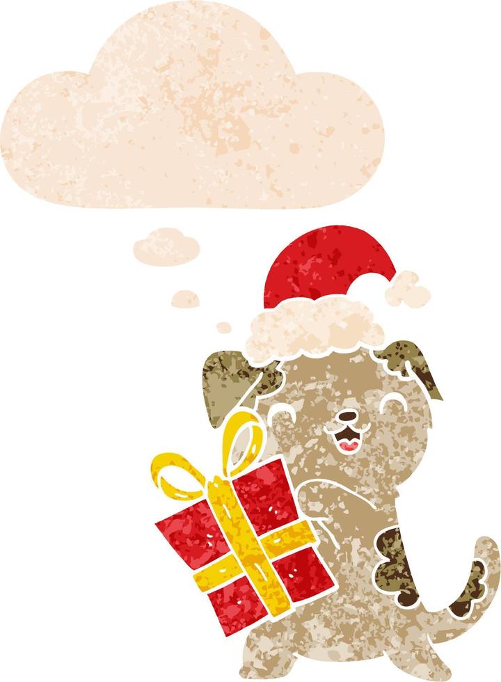 schattige cartoon puppy met kerstcadeau en hoed en gedachte bel in retro getextureerde stijl vector