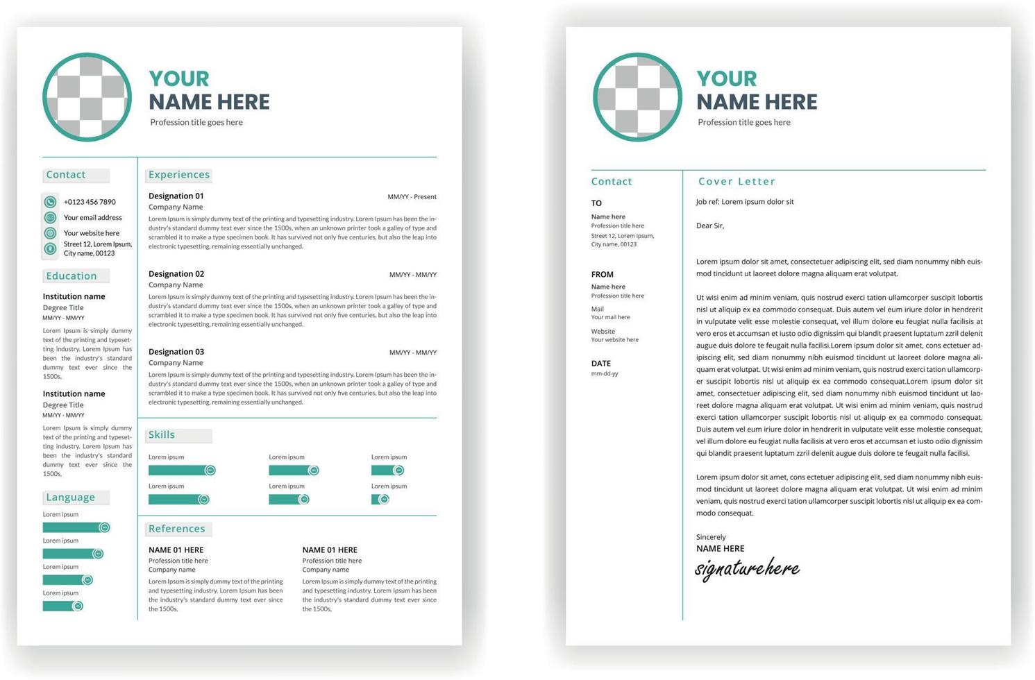 professioneel cv- of cv-sjabloonontwerp en sollicitatiebrief vector