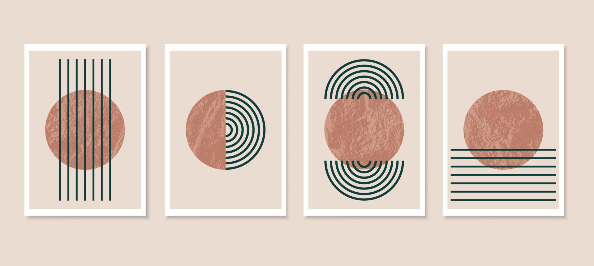 minimalistische abstracte kunst achtergrond met cirkels. bruine klei kleur. zwarte lijnen. geometrische vormen. esthetische vectorillustraties voor wanddecoratie, posters, covers, kaarten, uitnodigingen en branding. vector