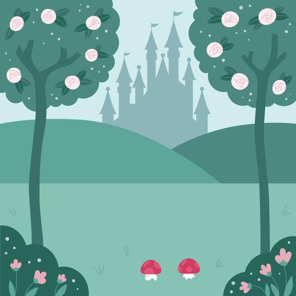 fantasie boslandschap met kasteel silhouet. handgetekende rozen. achtergrond voor sprookje. cartoon vlakke stijl vectorillustratie. vector