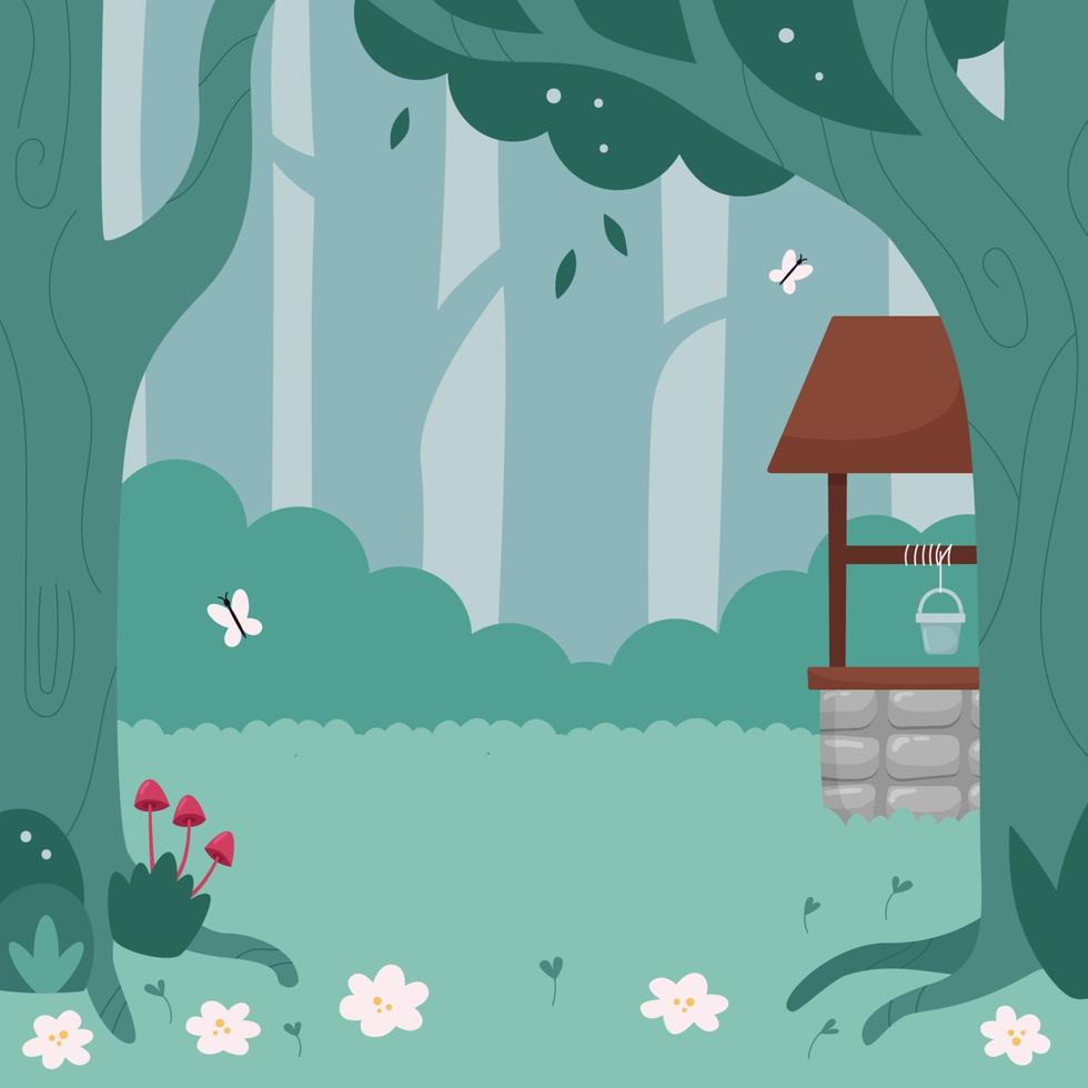 groene bosachtergrond met bloemen, paddestoelen, bomen en waterput. boslandschap. platte cartoon stijl vectorillustratie voor banners en kinderboeken. vector
