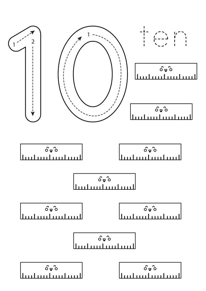 flashcard nummer 10. voorschoolse werkblad. zwart-witte heersers. vector