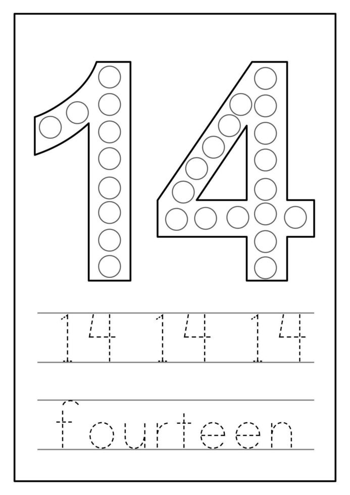 cijfers leren voor kinderen. nummer veertien. reken werkblad. vector