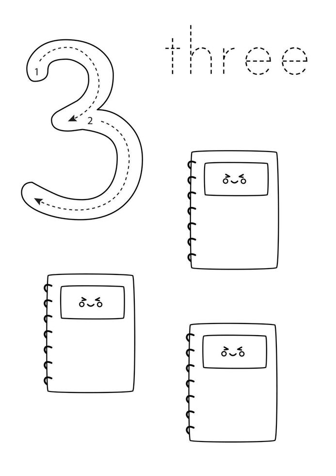 flashcard nummer 3. voorschoolse werkblad. zwart-wit boeken. vector