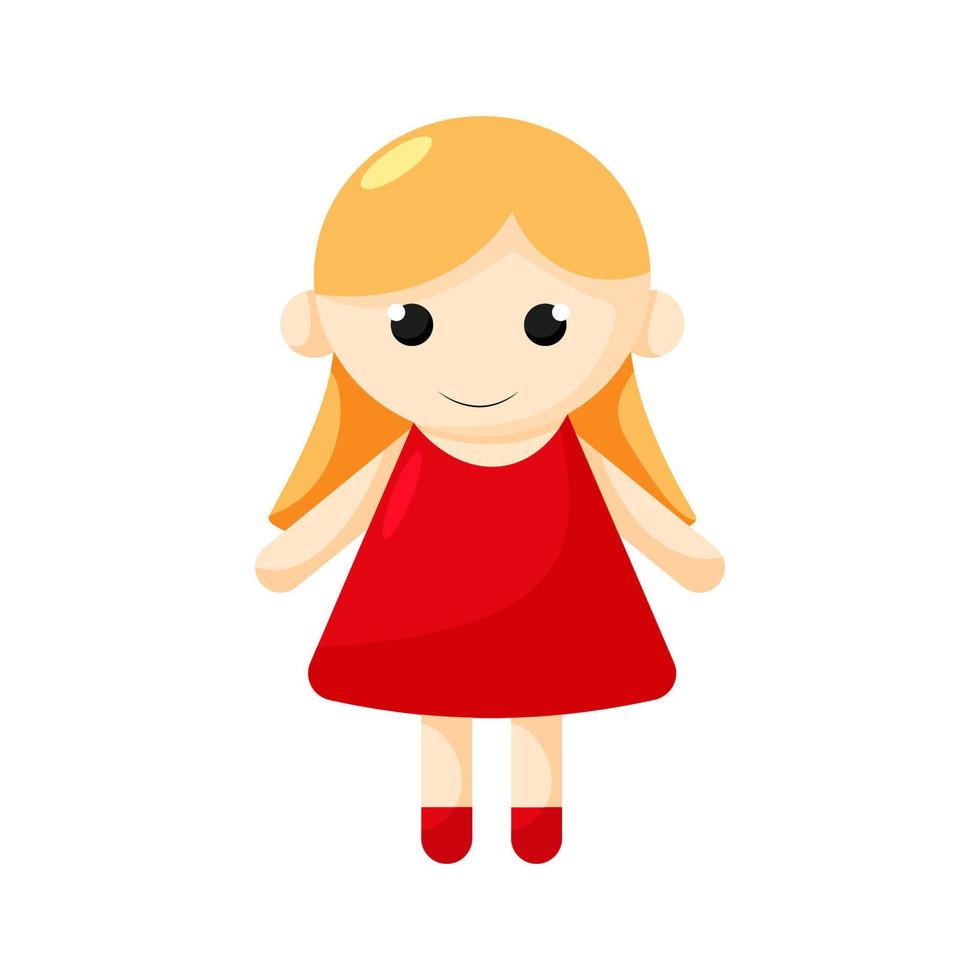 cartoon meisje pop in rode jurk met gele haren geïsoleerd op een witte achtergrond. vector illustratie