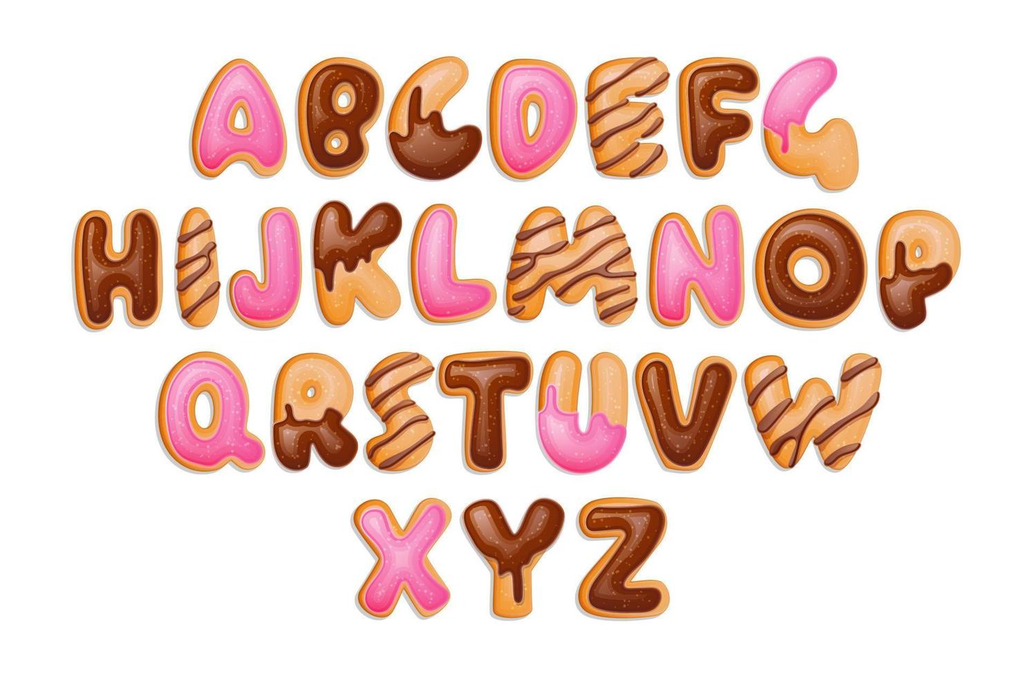 donuts alfabet, geweldig ontwerp voor elk doel. vectorontwerp. kleurrijke belettering illustratie. brieven vector. geïsoleerde vector gezet. zoet eten.