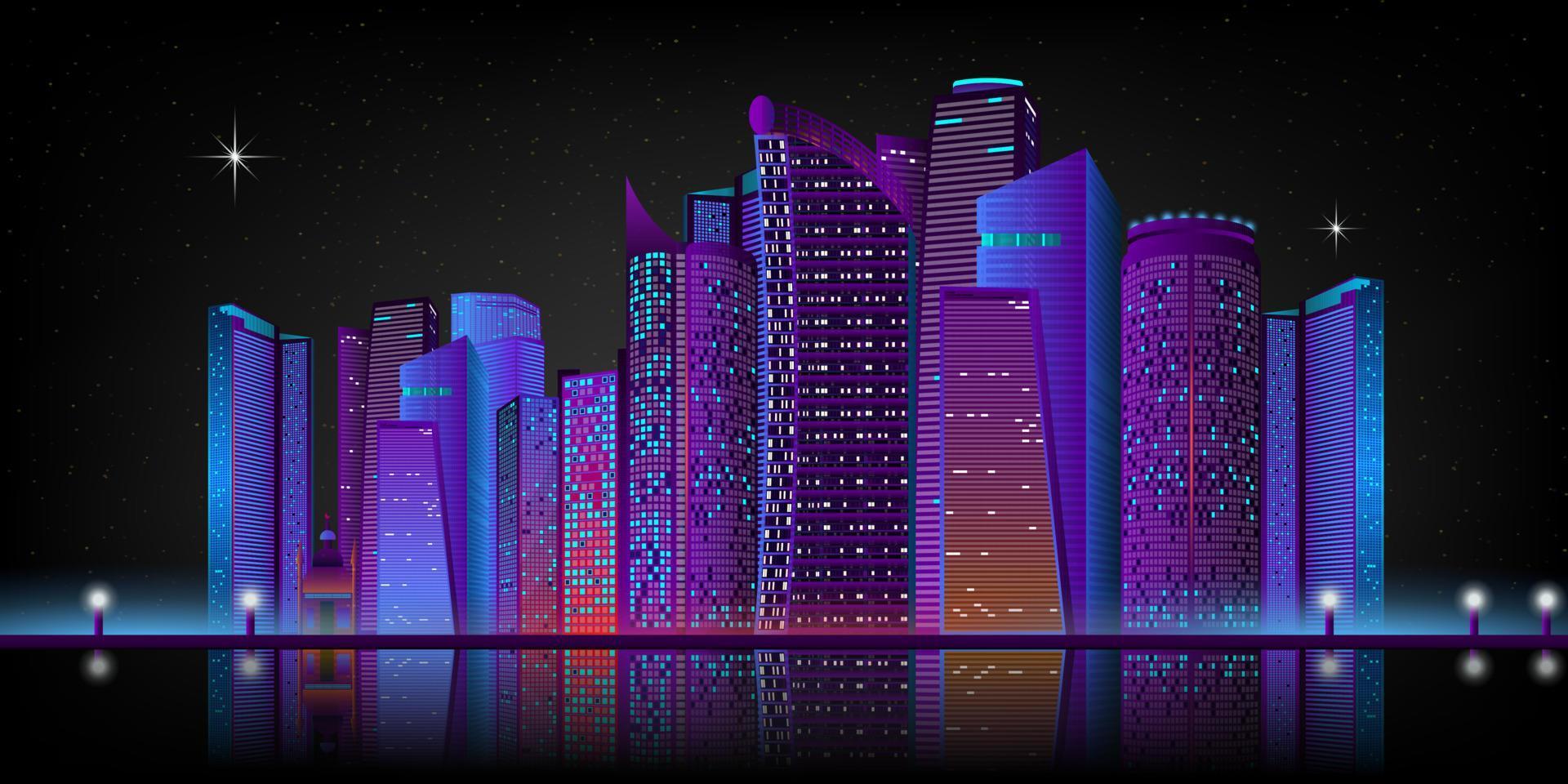 nacht stadspanorama met neon gloed op donkere achtergrond. futuristisch stadsbeeld met gloeiende neon paarse en blauwe lichten. vectorillustratie met megapolis, wolkenkrabbers, gebouwen. skyline van de stad. vector