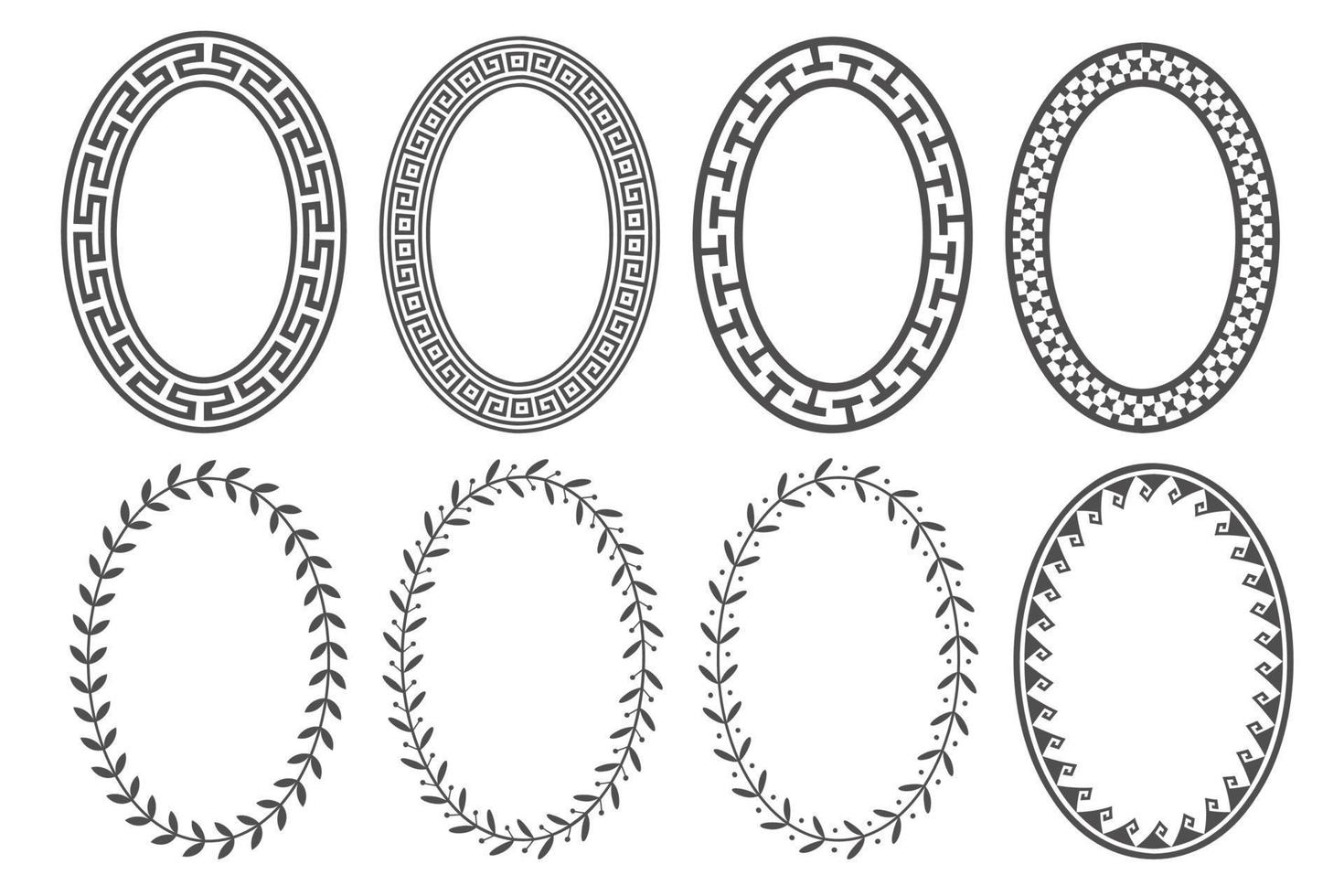 Griekse sleutel ovale frameset. cirkelranden met meanderornamenten. ellips oude ontwerpen. vector