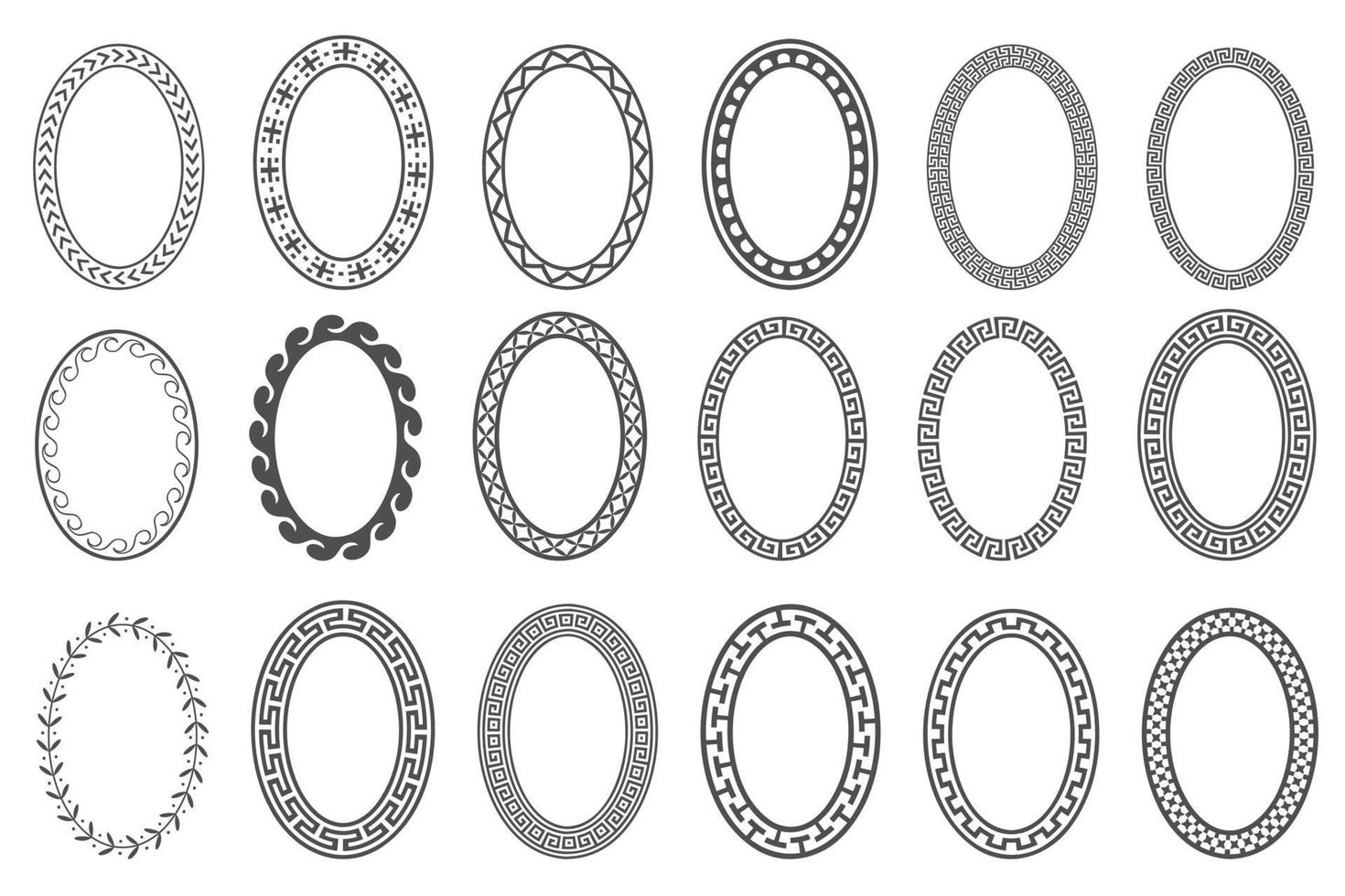 Griekse sleutel ovale frameset. cirkelranden met meanderornamenten. ellips oude ontwerpen. vector