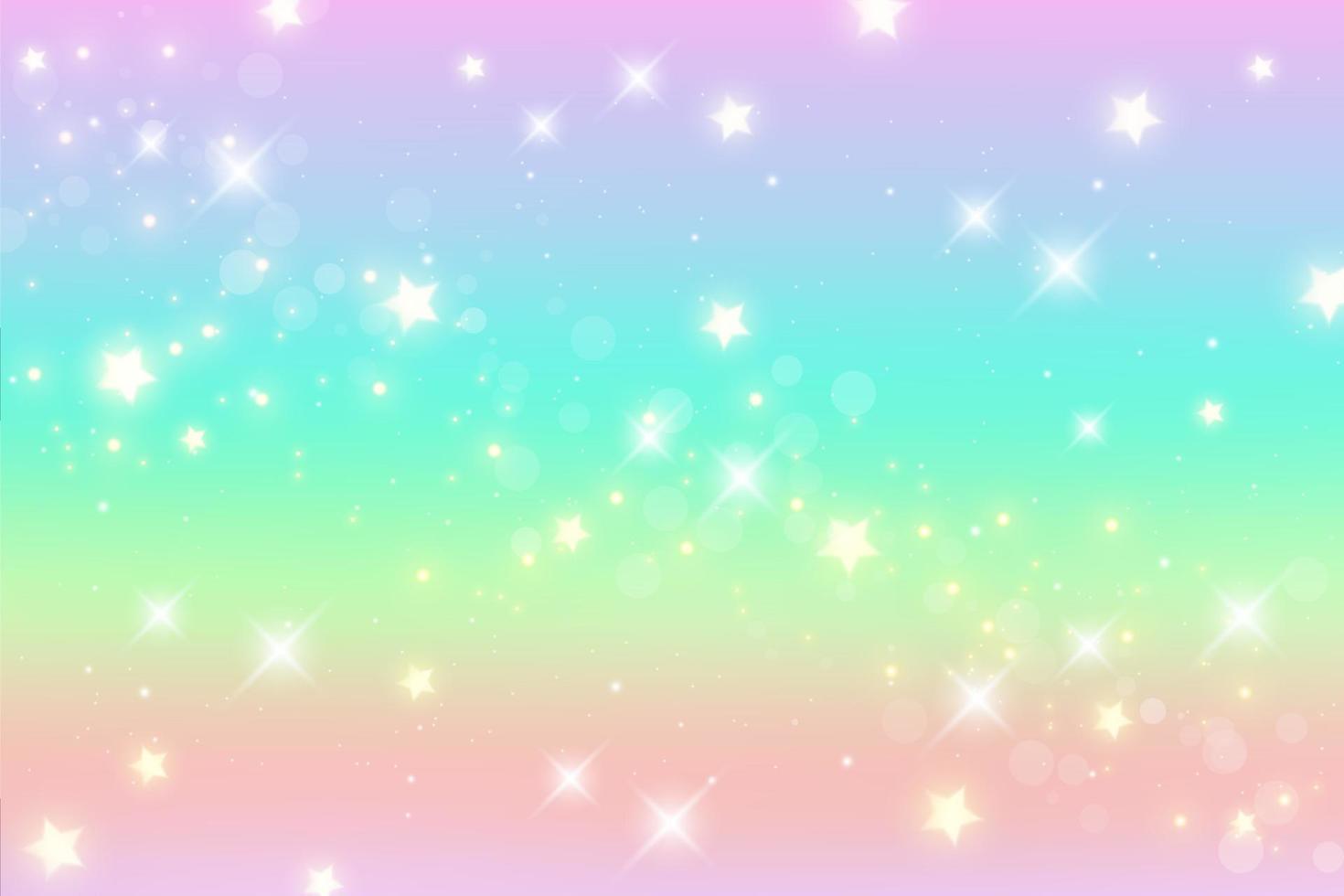 regenboog fantasie achtergrond. holografische illustratie in pastelkleuren. leuke cartoon girly behang. heldere veelkleurige hemel met sterren. vector. vector