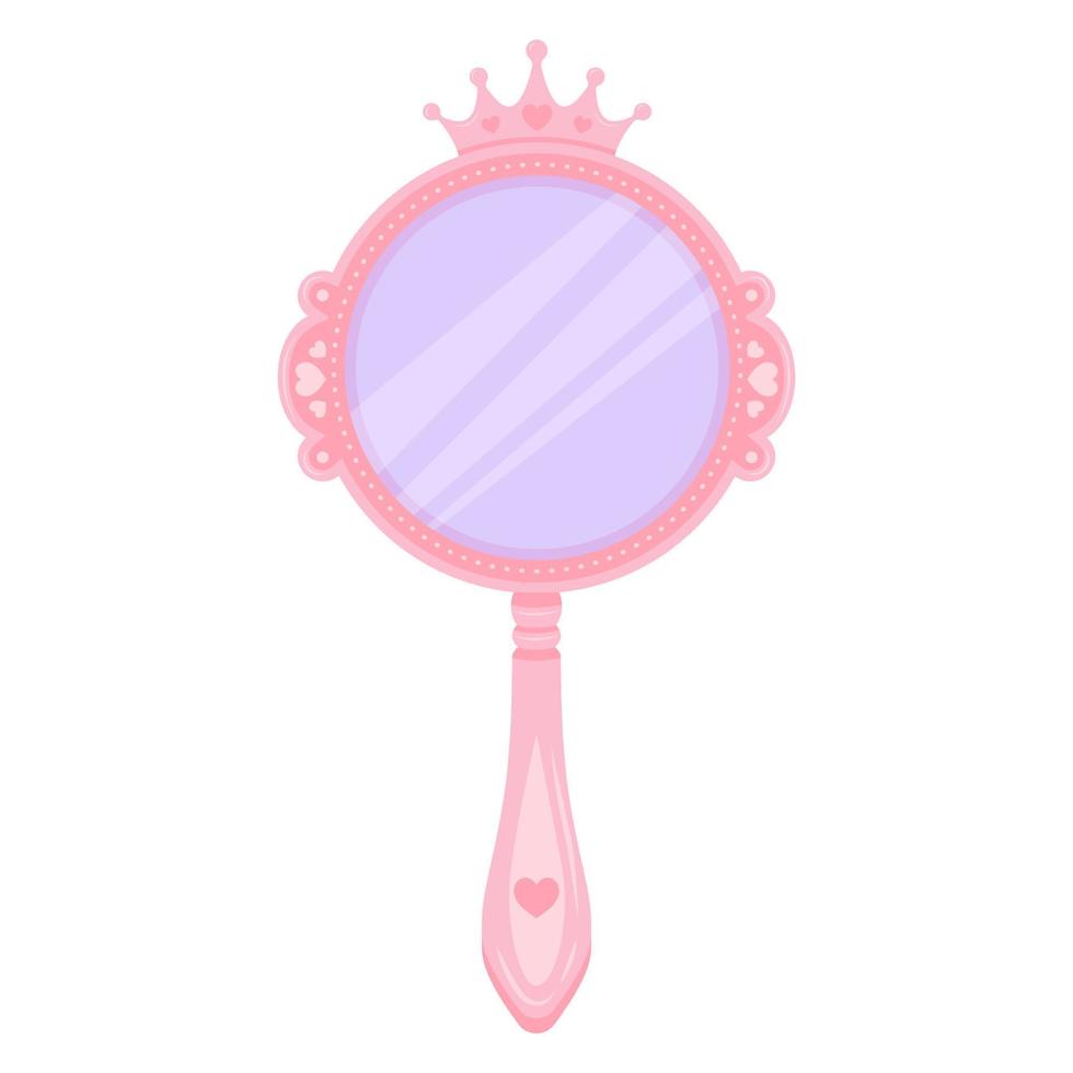 roze prinses spiegel met kroon. cartoon cirkel hand frame voor meisjes verjaardag decor. schattige vectorillustratie geïsoleerd op een witte achtergrond. vector