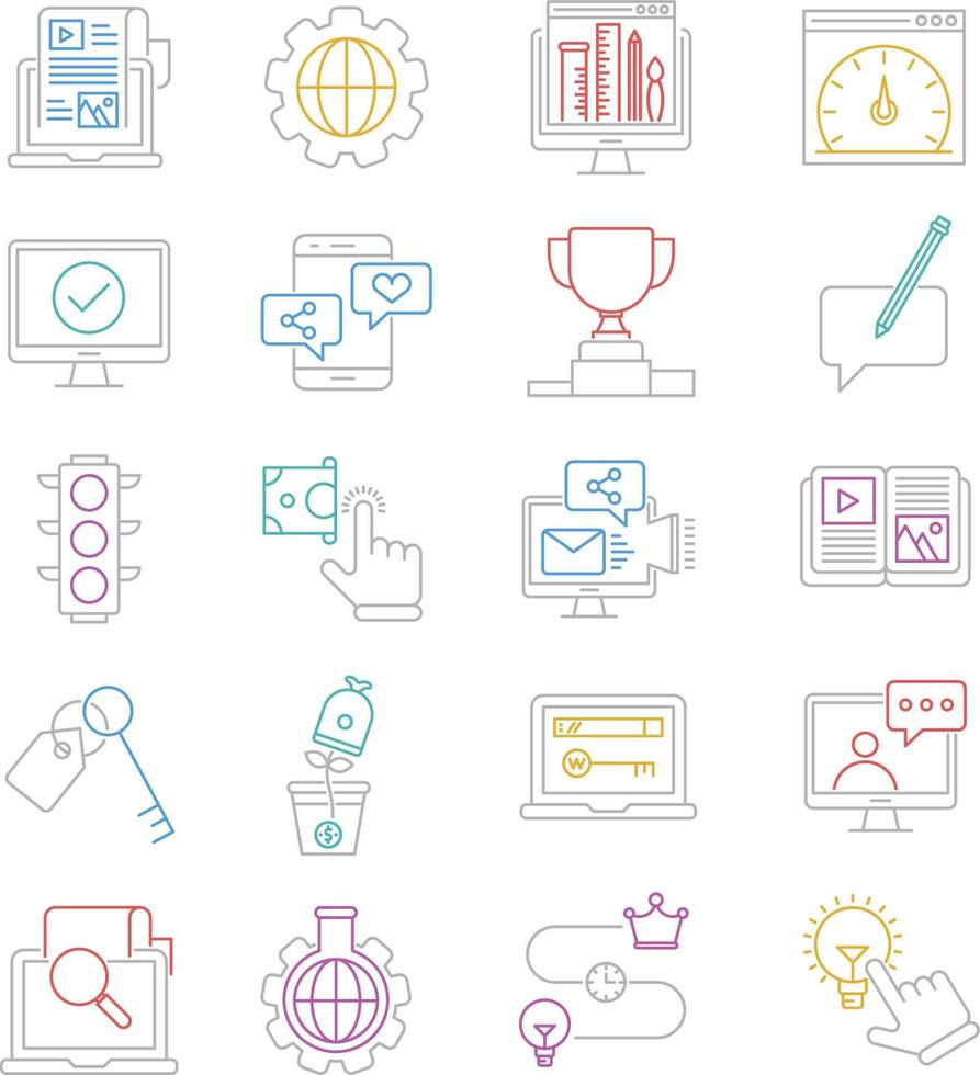 dunne lijn iconen set van zoekmachine optimalisatie iconen, eenvoudige mono lijn pictogram pack, vector logo concept, webafbeelding. vectorpictogrammen.