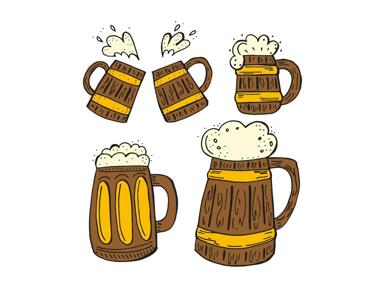 oktoberfest 2022 - bierfestival. handgetekende set doodle elementen. Duitse traditionele vakantie. gekleurde houten bierpullen op een witte achtergrond. vector