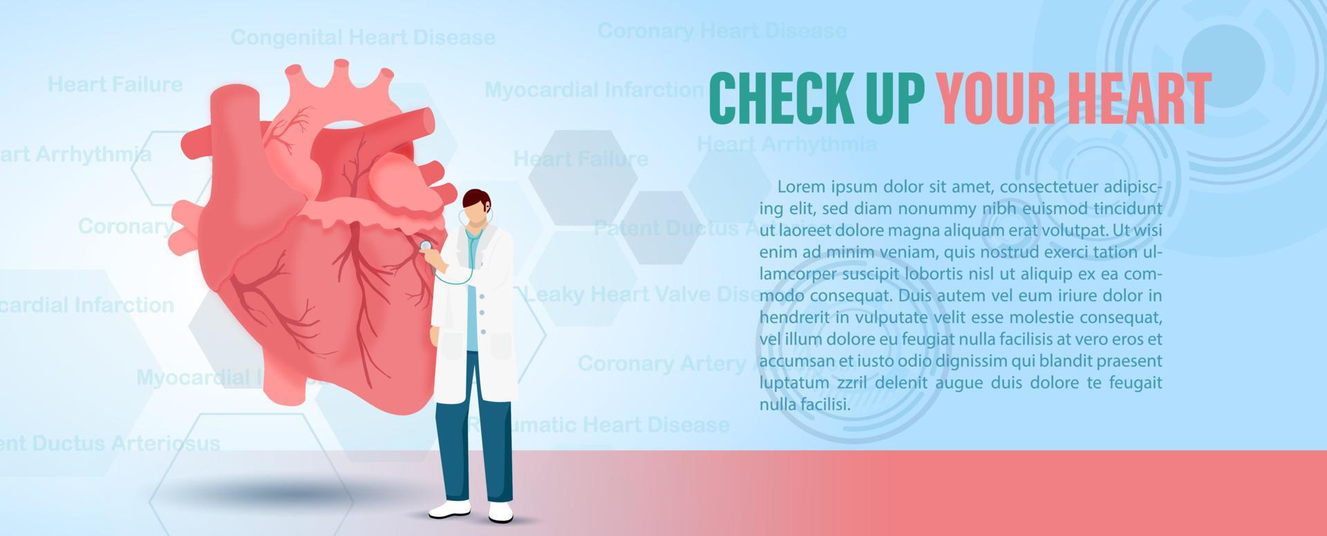 een dokterspersonage dat handelt om het menselijk hart te controleren met bewoordingen over medische en voorbeeldteksten op technologiepatroon en blauwe achtergrond met kleurovergang. medische poster in banner- en vectorontwerp. vector