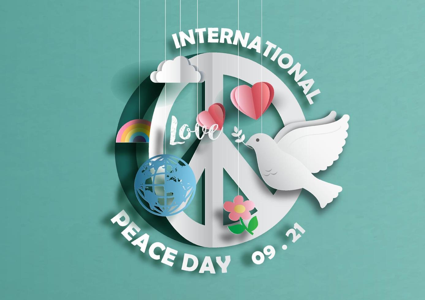 teken en symbolen met de dag en de naam van de internationale vredesdag in papierstijl op de achtergrond van het groenboekpatroon. vector