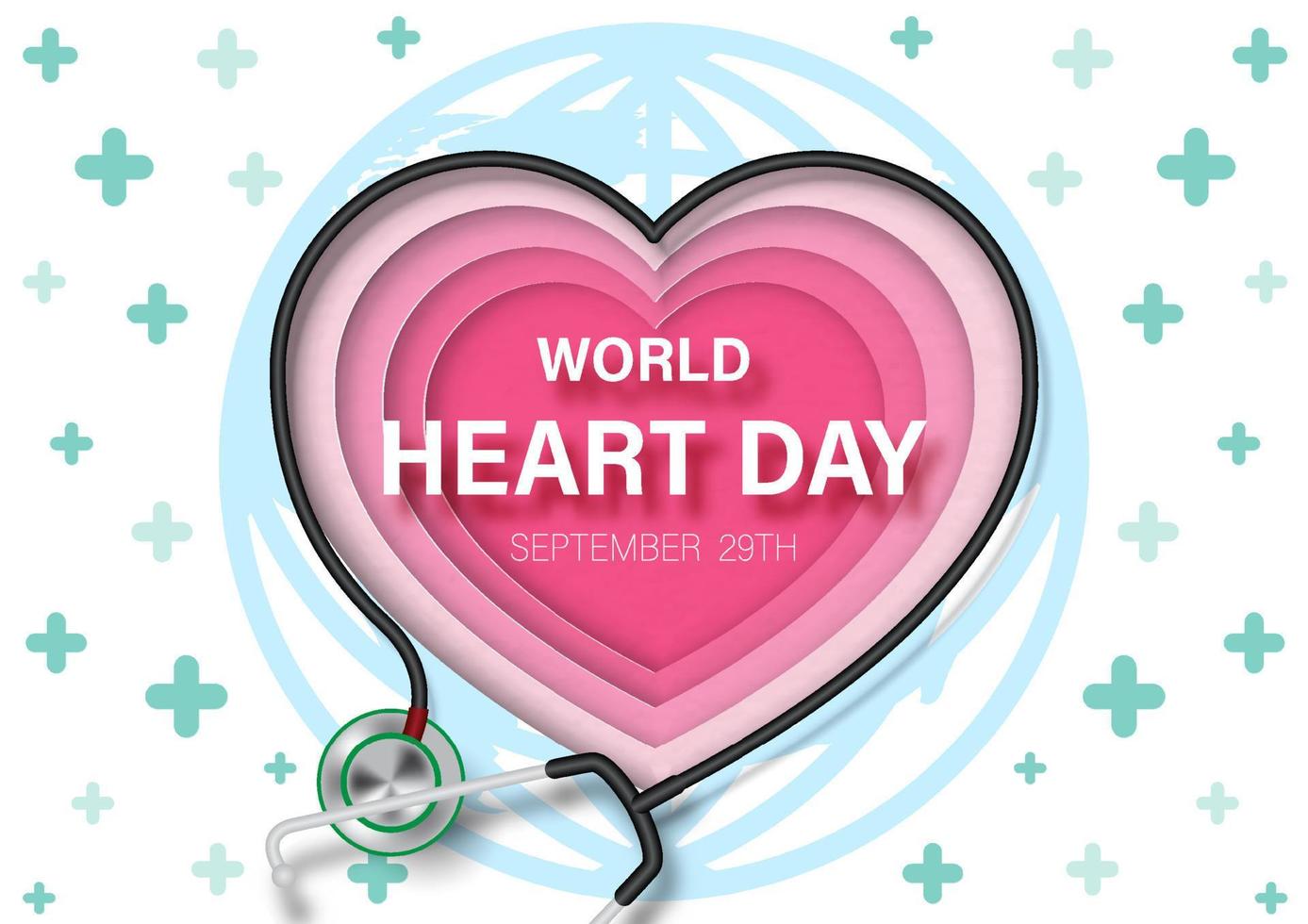 dokter stethoscoop maken in de vorm van een hart op roze hart in lagen papier uitgesneden stijl met wereld hart dag belettering en groen kruis patroon en witte achtergrond. vector
