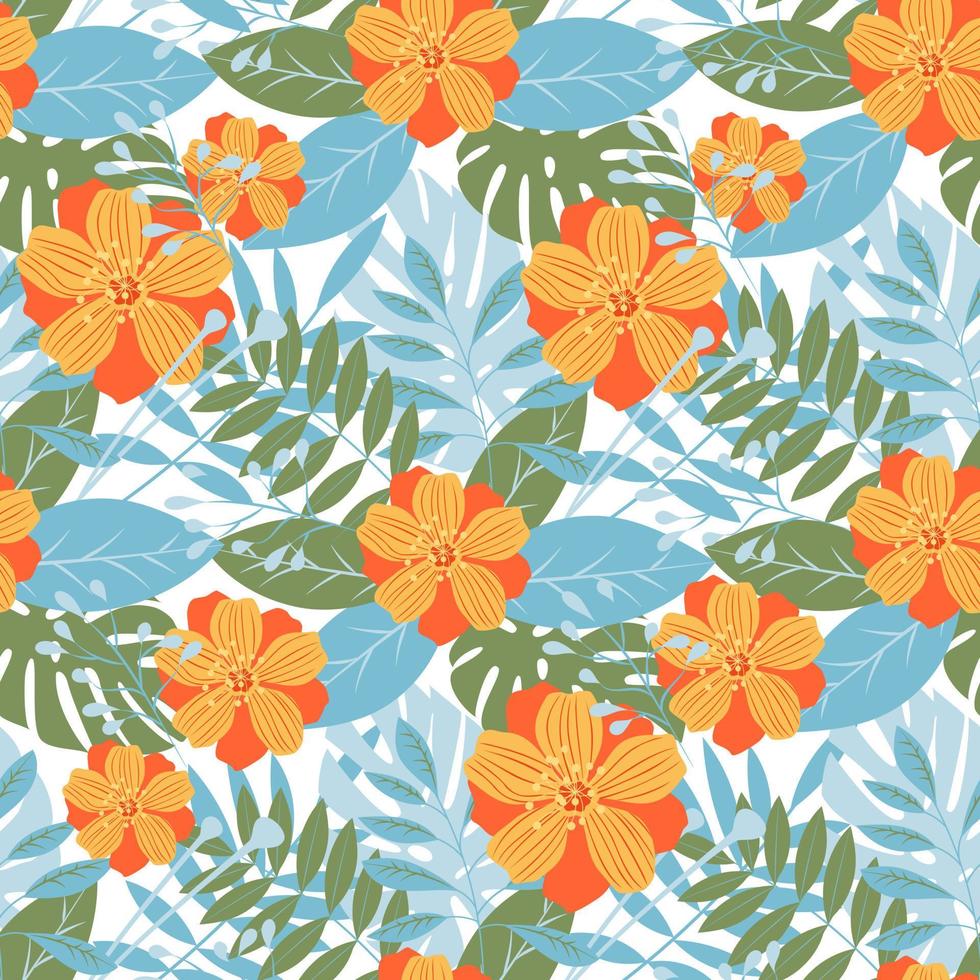 trendy vectorpatroon van blauwe en groene tropische bladeren en planten met oranje bloemen. naadloze bloemen lente en zomer ontwerp op witte achtergrond. vector