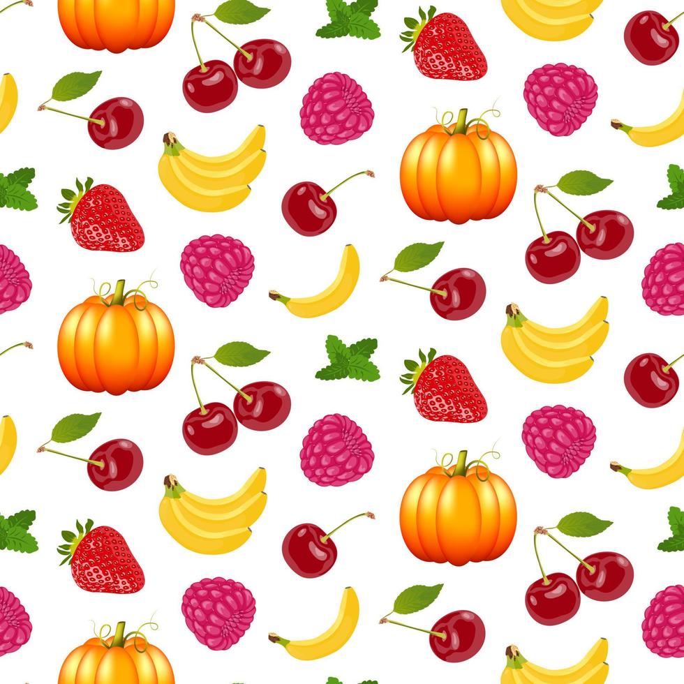 schattig kleurrijk naadloos patroon met groenten en fruit op een witte achtergrond. pompoen, banaan, aardbei, framboos, kersen naadloos patroon voor stof, wrapper of behangontwerp. vector