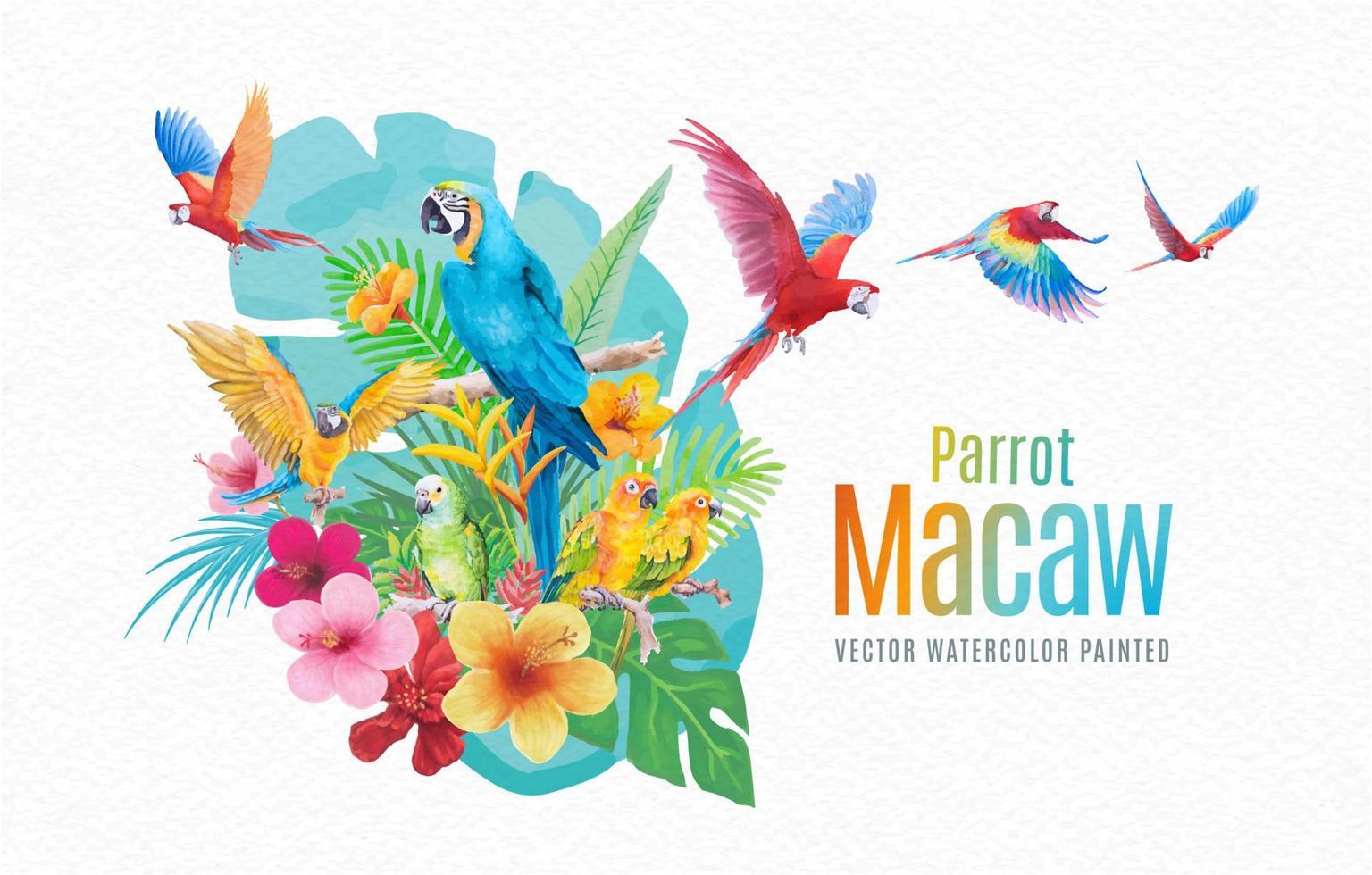 mooie vogel papegaai ara en bloem van blad hand verf aquarel op papier textuur witte achtergrond vector