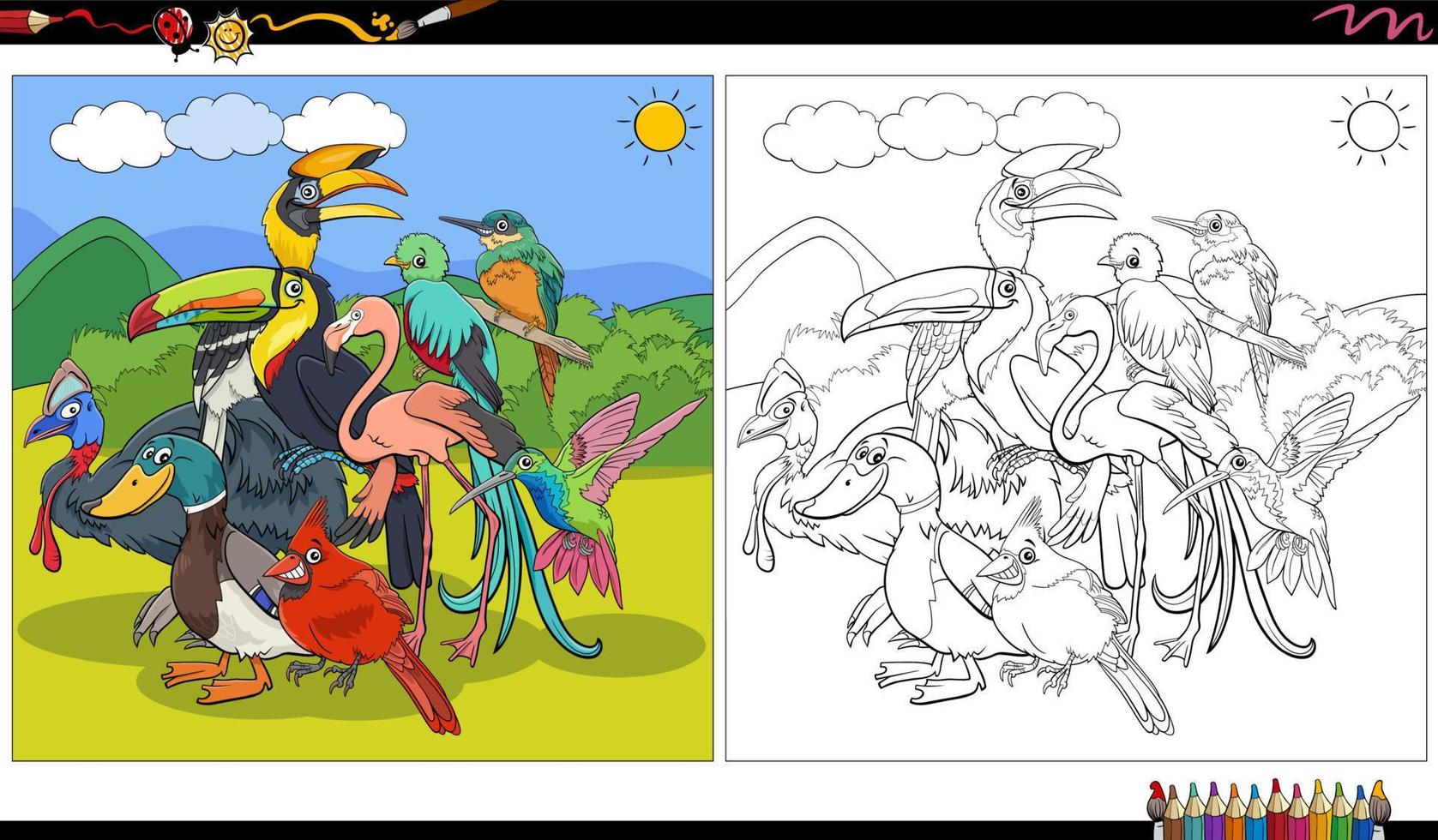 tekenfilm vogels dierlijke karakters groep kleurplaat vector