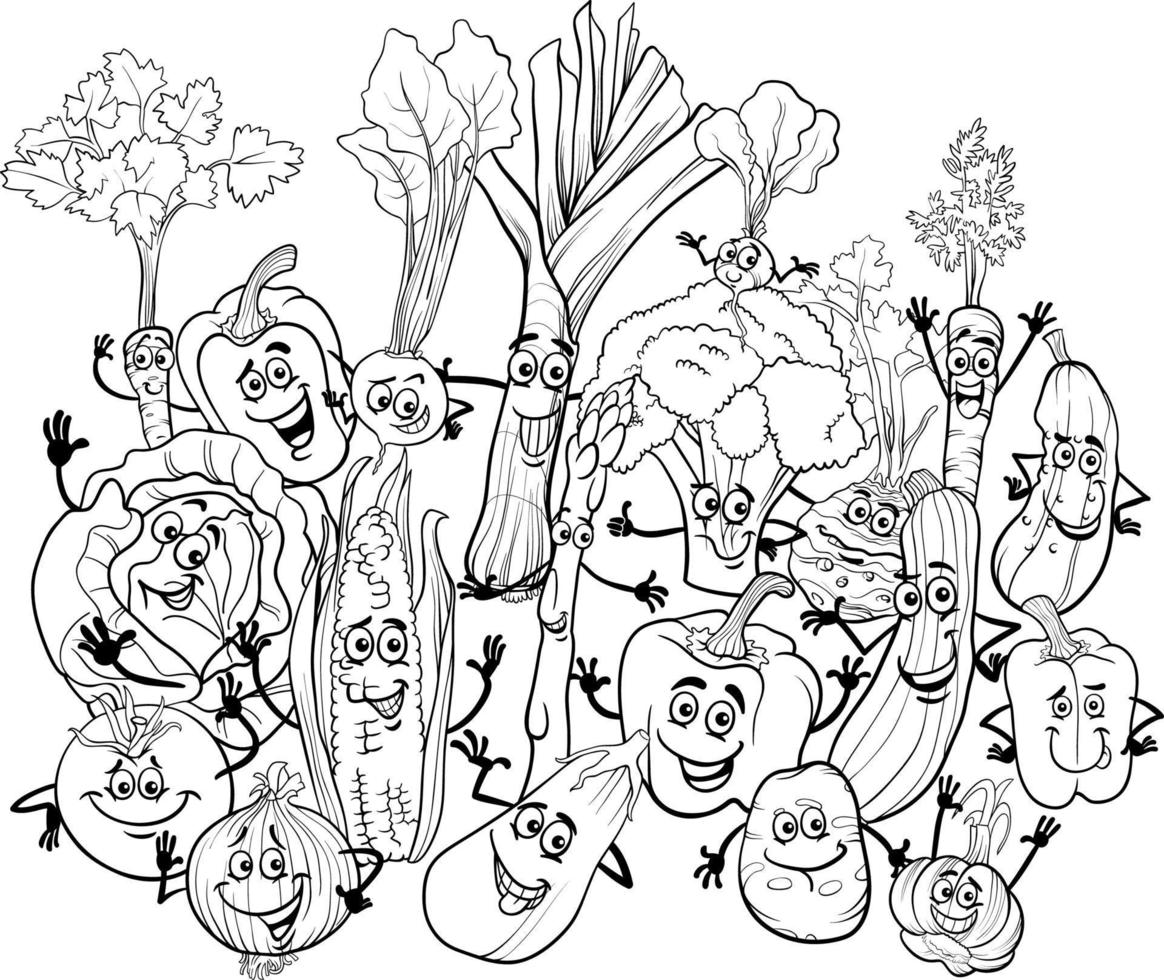 tekenfilm groenten karakters groep kleurplaat vector
