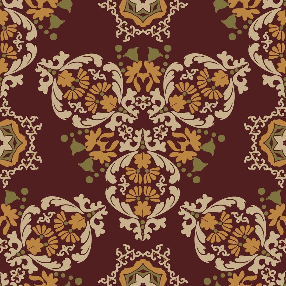 vintage barok behang. naadloos damastpatroon. decoratieve tegels met bloemmotieven. bruin, goud, beige, groene kleur. vector