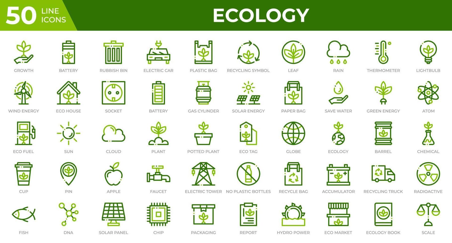 set van 50 ecologie web iconen in gekleurde lijnstijl. recycling, biologie, hernieuwbare energie. gekleurde omtrek iconen collectie. vector illustratie