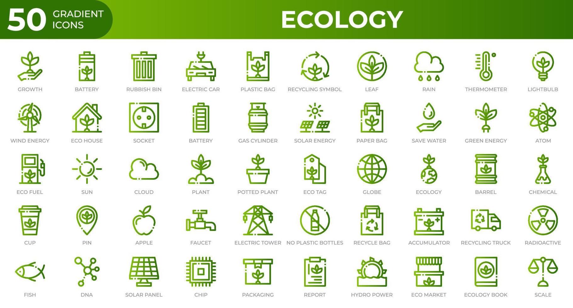 set van 50 ecologie web iconen in verloop stijl. recycling, biologie, hernieuwbare energie. gradiënt iconen collectie. vector illustratie