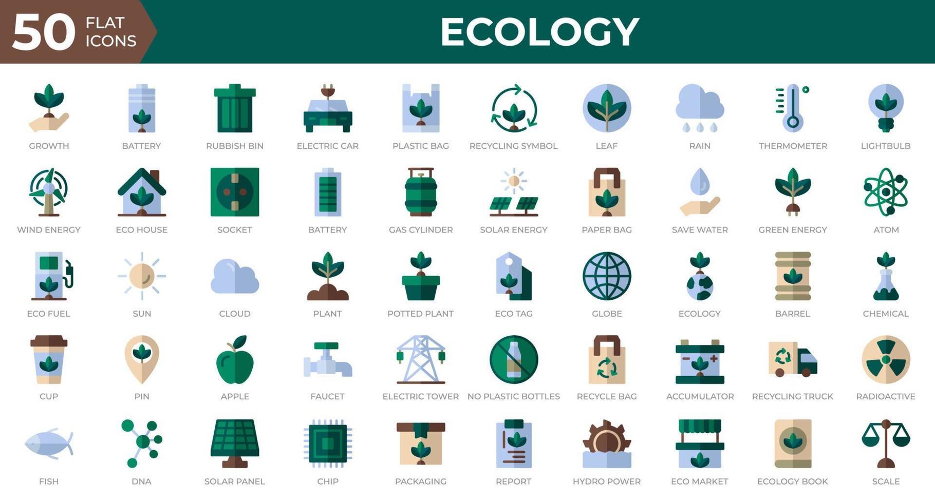 set van 50 ecologie web iconen in vlakke stijl. recycling, biologie, hernieuwbare energie. plat pictogrammen collectie. vector illustratie