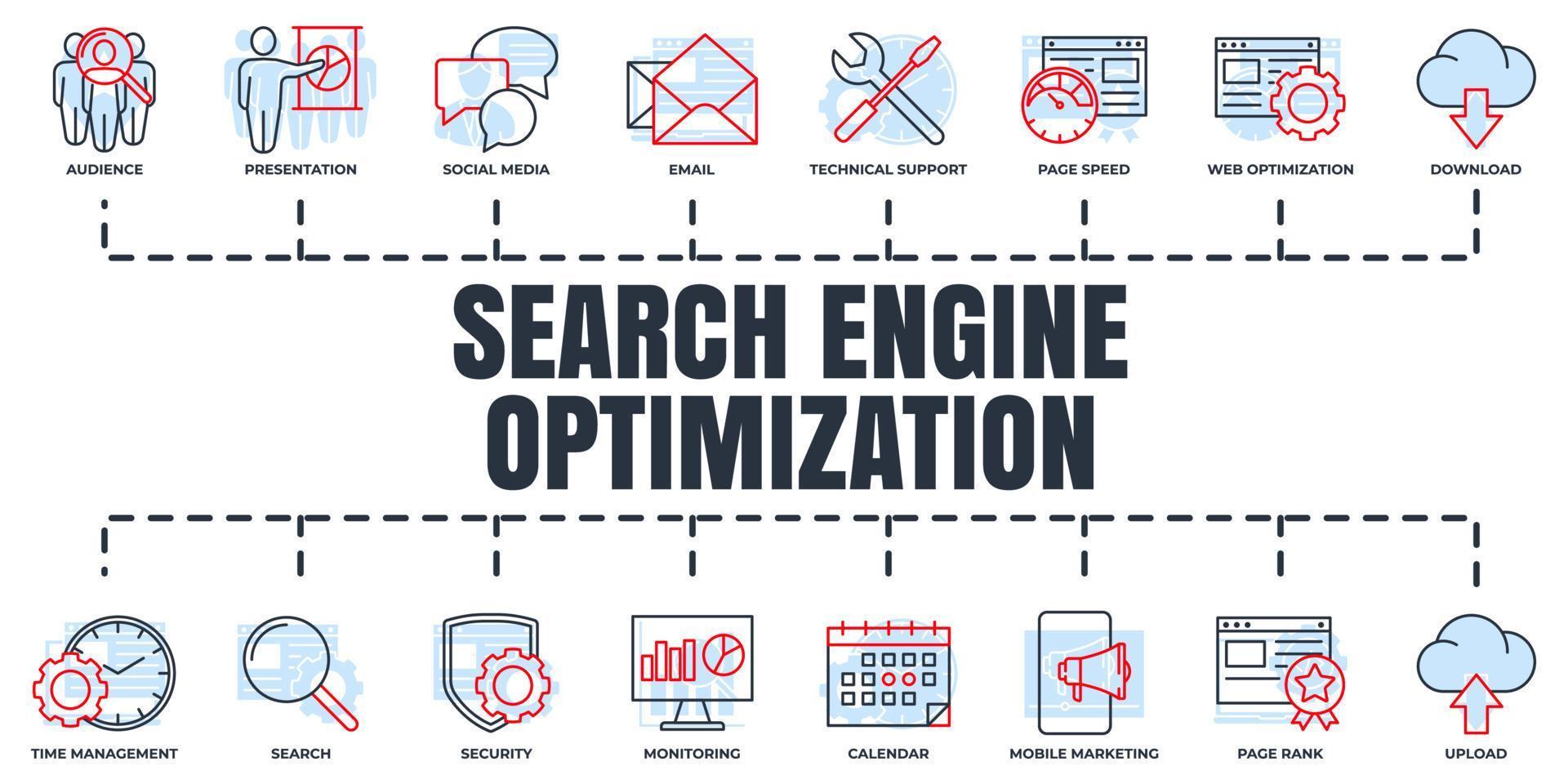 zoek machine optimalisatie. seo banner web icon set. weboptimalisatie, download, e-mail, sociale media, kalender, presentatie, publiek vectorillustratieconcept. vector